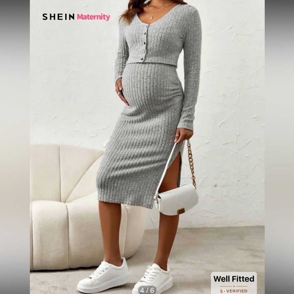 SHEIN Maternity Split Thigh Rib-Knit Cami Dress With Button Up Long Sleeve Cozy - Picture 2 of 14